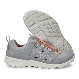 Ecco Terracruise Trainers in grey with coral lace detailing, mesh upper, and light rubber sole, shown from side and sole angle