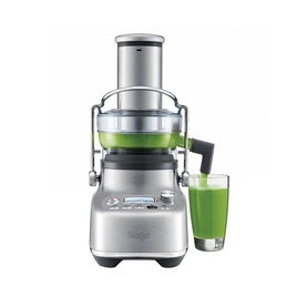 Sage The 3X Bluicer Pro Blender in brushed stainless steel, shown with green juice being blended, alongside a filled glass