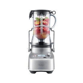 Sage The 3X Bluicer Pro Blender in brushed stainless steel, with transparent jug containing fresh fruit, digital control panel visible