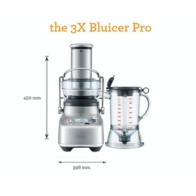 Sage The 3X Bluicer Pro Blender in brushed steel, shown with dimensions 450mm height x 398mm width, with detachable blending jug