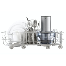Sage The 3X Bluicer Pro Blender shown dishwasher-safe, with removable parts loaded in a dishwasher basket alongside cutlery and plates