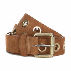 Mint Velvet Eyelet Suede Belt in brown with antique gold-tone buckle and metal eyelet detail