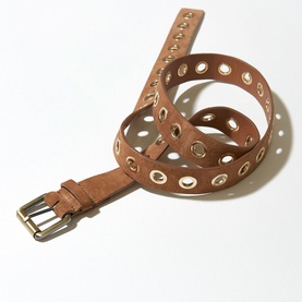Mint Velvet Eyelet Suede Belt in brown with gold-tone eyelets and buckle, coiled to show full length