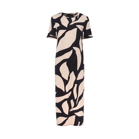 Phase Eight Theresa Abstract Print Dress in pink and black, midi length, short sleeves, bold leaf print, crew neck