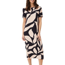Model wearing Phase Eight Theresa Abstract Print Dress in pink and black large leaf print, short sleeves, midi length, fitted silhouette