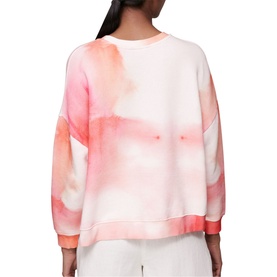 Model wearing Whistles Tie Dye Cotton Sweatshirt in pink, showing relaxed fit, crew neck and dropped shoulders from the back