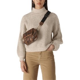 Model wearing Whistles Textured Rib Blouson Turtleneck in multi, styled with tan trousers and a brown crossbody bag