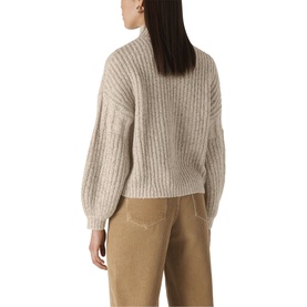 Model wearing Whistles Textured Rib Blouson Turtleneck in multi, rear view, styled with tan wide-leg trousers