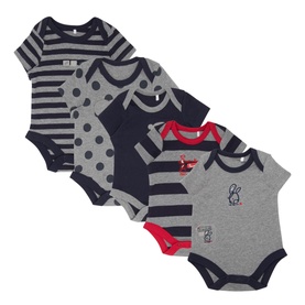 The Essential One Five Pack Short Sleeve Bodysuits in grey, navy and red with stripe, spot and bunny graphic designs