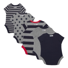The Essential One Five Pack Short Sleeve Bodysuits in grey, navy, and red with stripe, spot, and plain designs