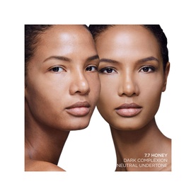 TOM FORD Traceless Soft Matte Foundation in 7.7 Honey shown on two models demonstrating before and after application