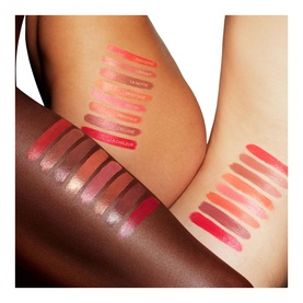 TOM FORD Ultra Shine Lip Colour swatches in La Notte and complementary shades shown on two models with different skin tones