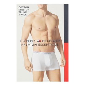Tommy Three-Pack Cotton Stretch Trunks in white, close fit with branded elasticated waistband, shown on model in packaging