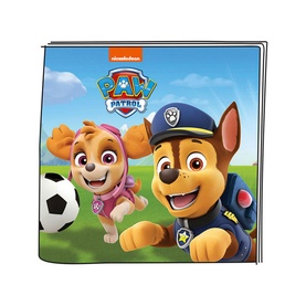 Tonies Paw Patrol Chase audio character card featuring Chase and Skye with a football on a green outdoor background