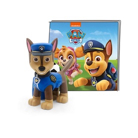 Tonies Paw Patrol Chase figure in blue police uniform, shown with illustrated story card featuring Chase and Skye characters