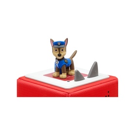 Tonies Paw Patrol Chase figure in blue uniform, placed on red Toniebox speaker with grey antenna accessory visible