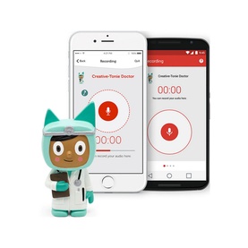 Tonies Creative-Tonie Doctor figure in teal doctor outfit, shown with compatible app screens on iOS and Android smartphones