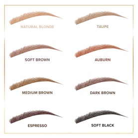 Too Faced Superfine Brow Detailer Ultra Slim Brow Pencil shade guide showing 8 brow shades from Natural Blonde to Soft Black, Auburn highlighted