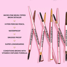 Too Faced Superfine Brow Detailer Ultra Slim Brow Pencil in Auburn, showing micro-fine bevel-tipped detailer and spoolie end