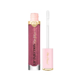 Too Faced Lip Injection Power Plumping Lip Gloss in Paid Off, a shimmery berry-pink shade, with doe-foot applicator wand