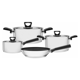 Tramontina Brava Bakelite Four Piece Cookware Set in silver stainless steel with black handles and glass lids, including frying pan and saucepans