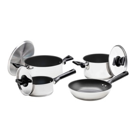 Tramontina Brava Bakelite Four Piece Cookware Set in silver with black handles, including two lidded saucepans and a frying pan