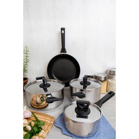 Tramontina Brava Bakelite Four Piece Cookware Set in silver, including frying pan and three lidded saucepans with black handles