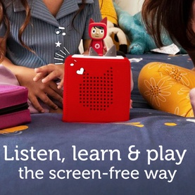 Tonies Toniebox Starter Set in red with a character figurine on top, shown in a children's bedroom lifestyle setting