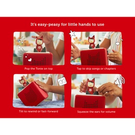 Tonies Toniebox Starter Set in red showing four-step usage guide: placing Tonie figure, tapping, tilting, and squeezing ears for volume