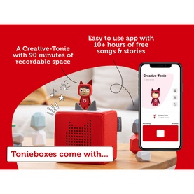 Tonies Toniebox Starter Set lifestyle shot showing red Toniebox, Creative-Tonie figure, and companion app with free songs and stories