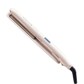 Russell Hobbs Proluxe Straightener in cream, featuring wide ceramic plates and a sleek pale pink body with black cord