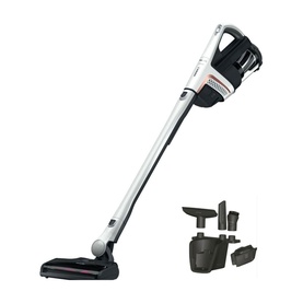 Miele Triflex HX1 Cordless Vacuum Cleaner with Additional Battery in white, shown with attachments including crevice tool and brush heads