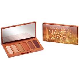 Urban Decay Naked Basics Eyeshadow Palette in Heat, open compact showing 6 warm terracotta and burgundy shades with mirror