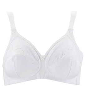 Triumph Doreen Non-Wired Full Cup Bra in white with broderie anglaise detail, applique roses, and wide comfort straps