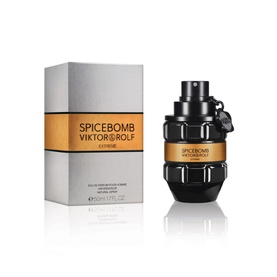 Viktor & Rolf Spicebomb Extreme Eau de Parfum 50ml, black grenade-shaped bottle with gold band beside silver and black box