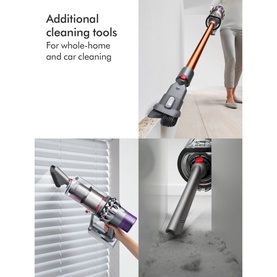 Dyson Home V10 Cyclone Absolute Cordless Stick Vacuum Cleaner in copper/grey shown with additional cleaning attachments for home and car use