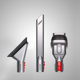 Dyson Home V10 Cyclone Absolute Cordless Vacuum Cleaner accessories set including crevice tool, brush, and motorhead in silver and red