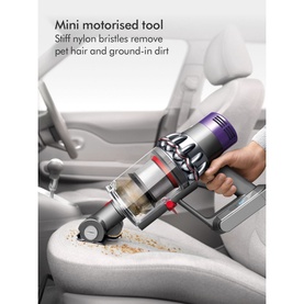 Dyson Home V10 Cyclone Absolute Cordless Vacuum mini motorised tool attachment removing pet hair from a car seat