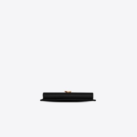 Saint Laurent Uptown Embossed Leather Card Case in black grain de poudre leather, gold YSL monogram snap closure, flat lay view