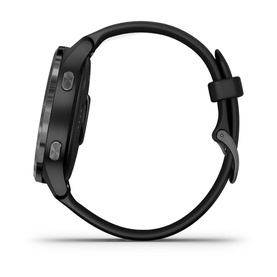 Garmin VENU Black/Gunmetal smartwatch, side profile view showing black silicone strap and gunmetal case with side buttons