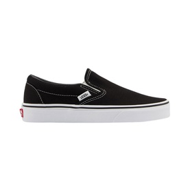 Vans Classic Slip On Trainers in black canvas with white sole and logo tab, no laces