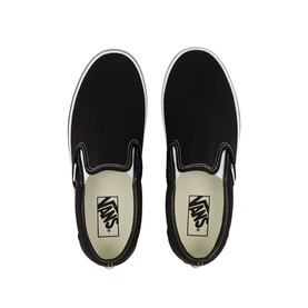 Vans Classic Slip On Trainers in black, overhead view showing canvas upper, elastic gussets and cream insole with Vans logo