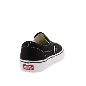 Vans Classic Slip On Trainers in black canvas, white rubber sole, red Vans logo tab at heel, rear three-quarter view