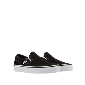 Vans Classic Slip On Trainers in black canvas with white rubber sole and contrast white stitching, pair shown together