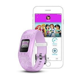 Garmin V&iacute;vofit Jnr 2 Princess kids activity tracker in lilac with Disney Princess band design, shown with companion app on smartphone