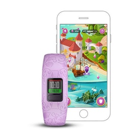 Garmin V&iacute;vofit Jnr 2 Princess kids fitness tracker in lilac with princess motifs, shown with companion smartphone app display