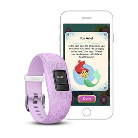 Garmin V&iacute;vofit Jnr 2 Princess kids fitness tracker in lilac with Ariel design, shown with companion smartphone app display