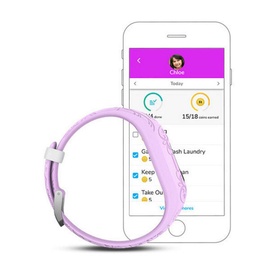 Garmin V&iacute;vofit Jnr 2 Princess kids fitness tracker in lilac, shown alongside companion smartphone app displaying activity tracking