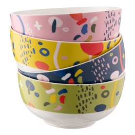 Aynsley Verdant Cereal Bowls Set of 4 in multicolour abstract print, stacked to show pink, yellow, navy and olive designs