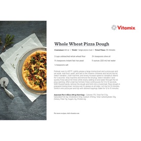Vitamix Ascent Series A2500i Blender lifestyle shot showing Whole Wheat Pizza Dough recipe card with ingredients and instructions